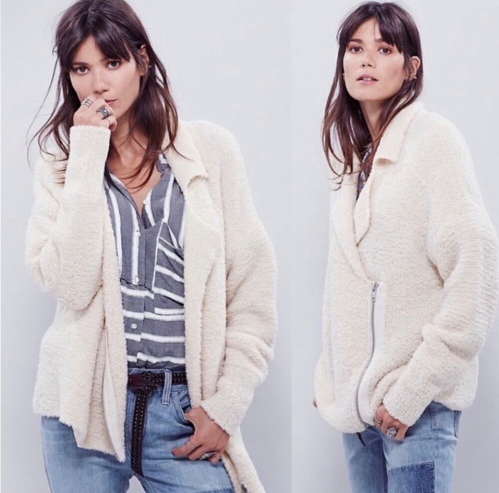 Free People Size Medium Addicted to Love Wool Blend Oatmeal Knit Moto Jacket
